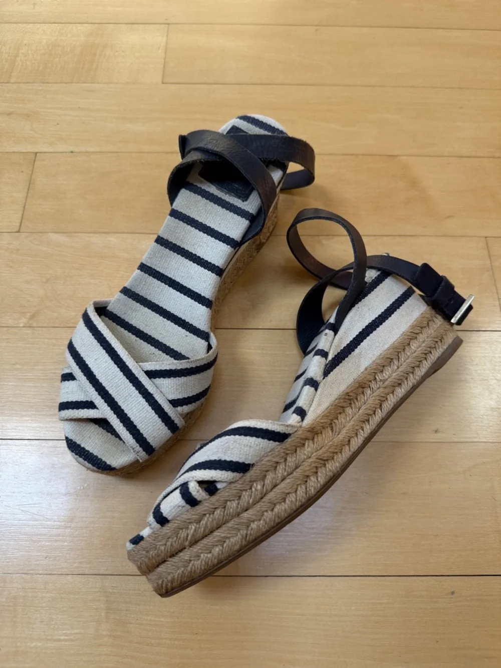 Tory Burch Striped Canvas Karissa Espadrille Wedge Sandal Ankle Strap Size 9